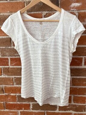 Bordeaux Anthropologie White 100% Linen Striped Tee Size M